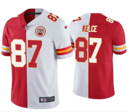Men's Kansas City Chiefs #87 Travis Kelce Red & White Split Limited Stitched Jersey,We sell and wholesale Men's Kansas City Chiefs #87 Travis Kelce Red & White Split Limited Stitched Jersey on line form chian!